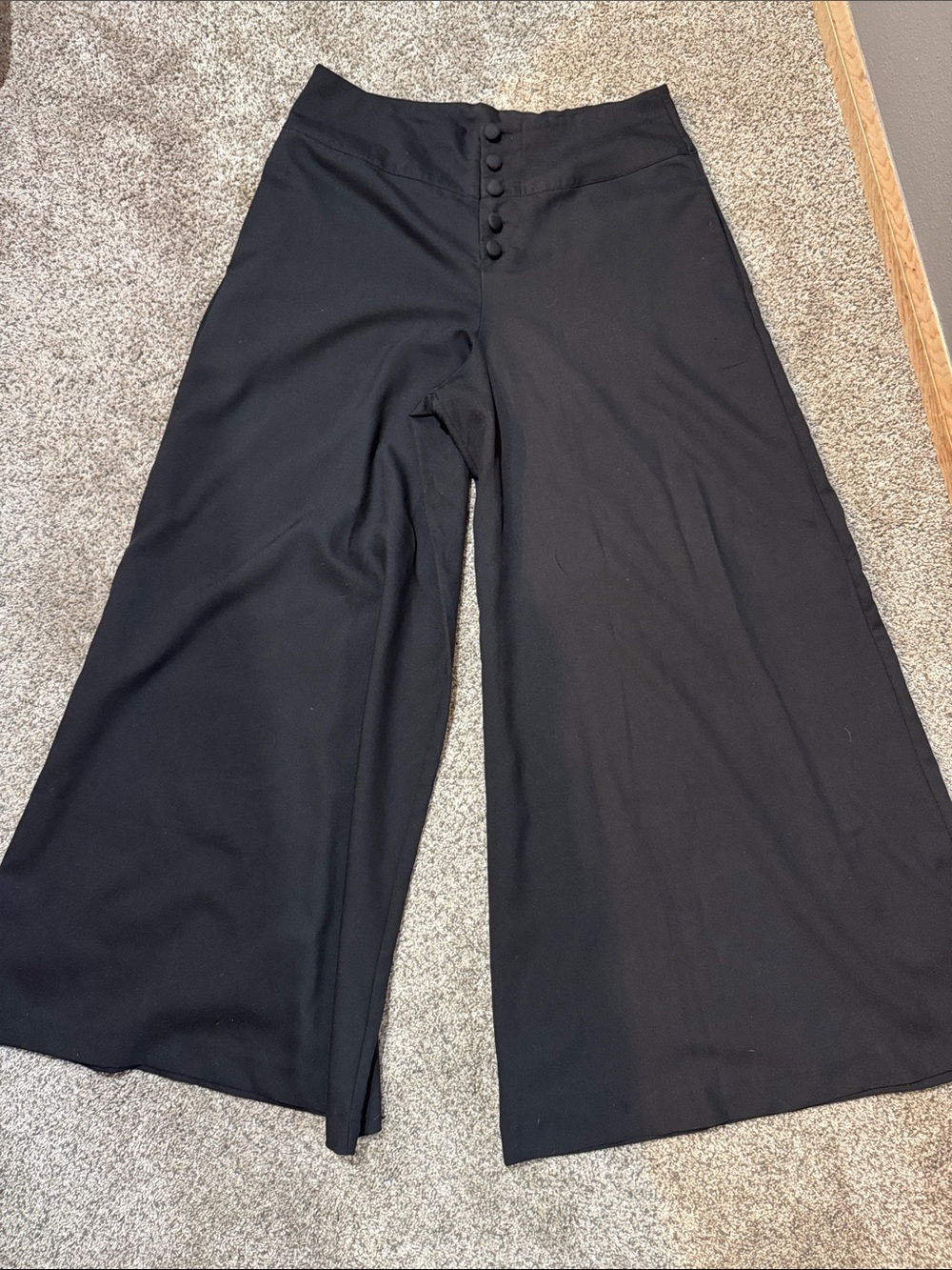 Unique Vintage Black High-Waist Wide Leg Pants with Covered Buttons